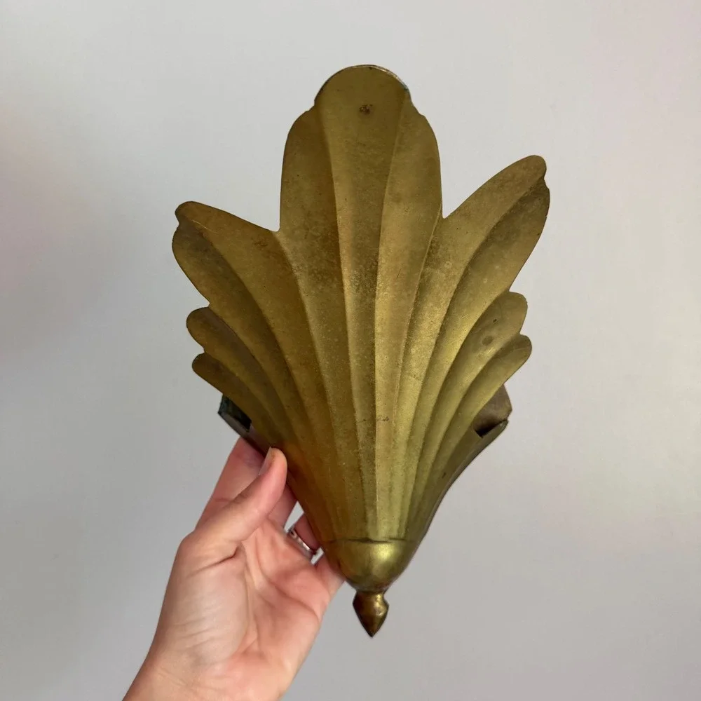 Vintage Brass Wall Pocket Planter Fan Leaf Art Deco Decorative Sconce India
